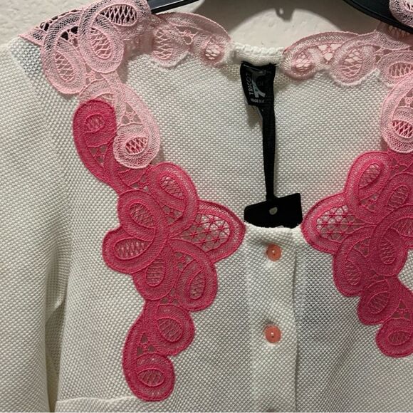 NEW ITALY TRICOT CHIC NEW  EMBROIDERED FRONT WHITE PINK SWEATER 10   COTTON 100% - Picture 3 of 10